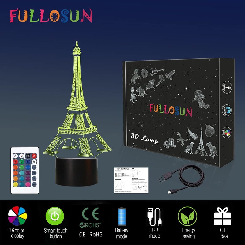 FULLOSUN Eiffel Tower Nightlight 3D Illusion Lamp Visual Bedroom Decoration LED Lamp with Remote Control 16 Color Changing Paris Fashion Style Acrylic Gifts for Birthday Xmas - Image 4